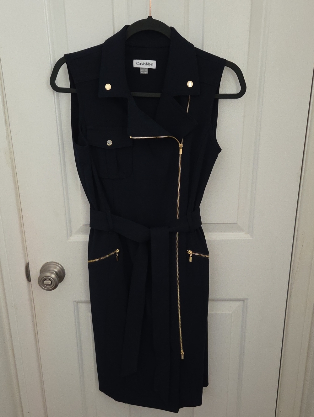 Calvin Klein Navy Sleeveless Belted Dress with Gold Zippers